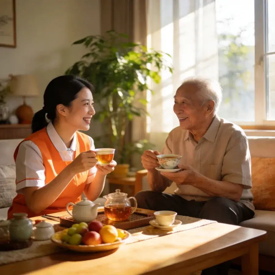 天鹿芸养老护理员陪伴老人喝茶聊天